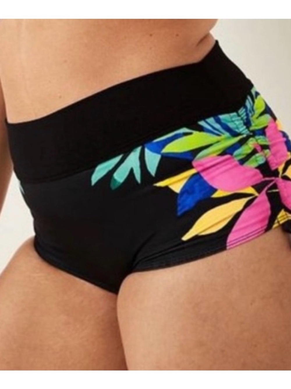 PINK Black Swim Shorts with Colorful Leaf Print